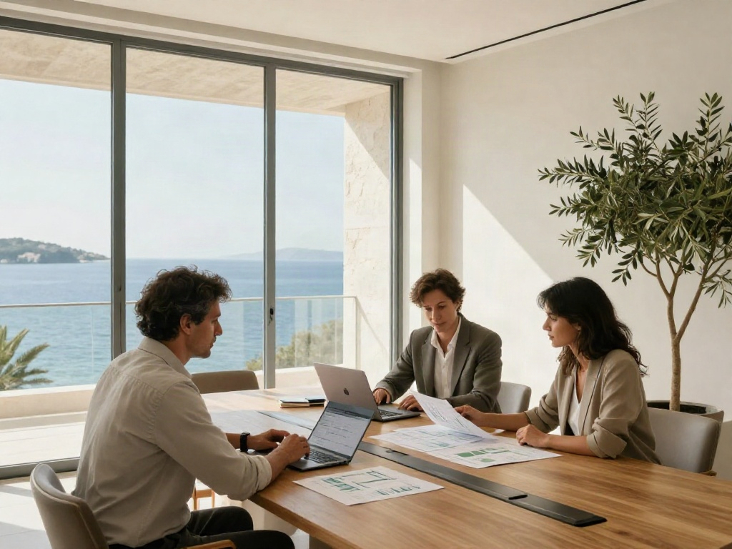 Consultants reviewing business data together in a sunlit Mediterranean boardroom